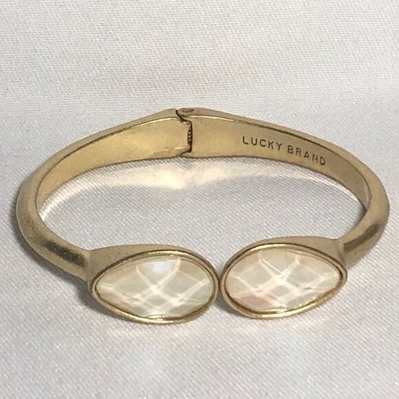 Lucky Brand Semi Precious Gemstone Hinged Bangle Gold Tone - Picture 1 of 9